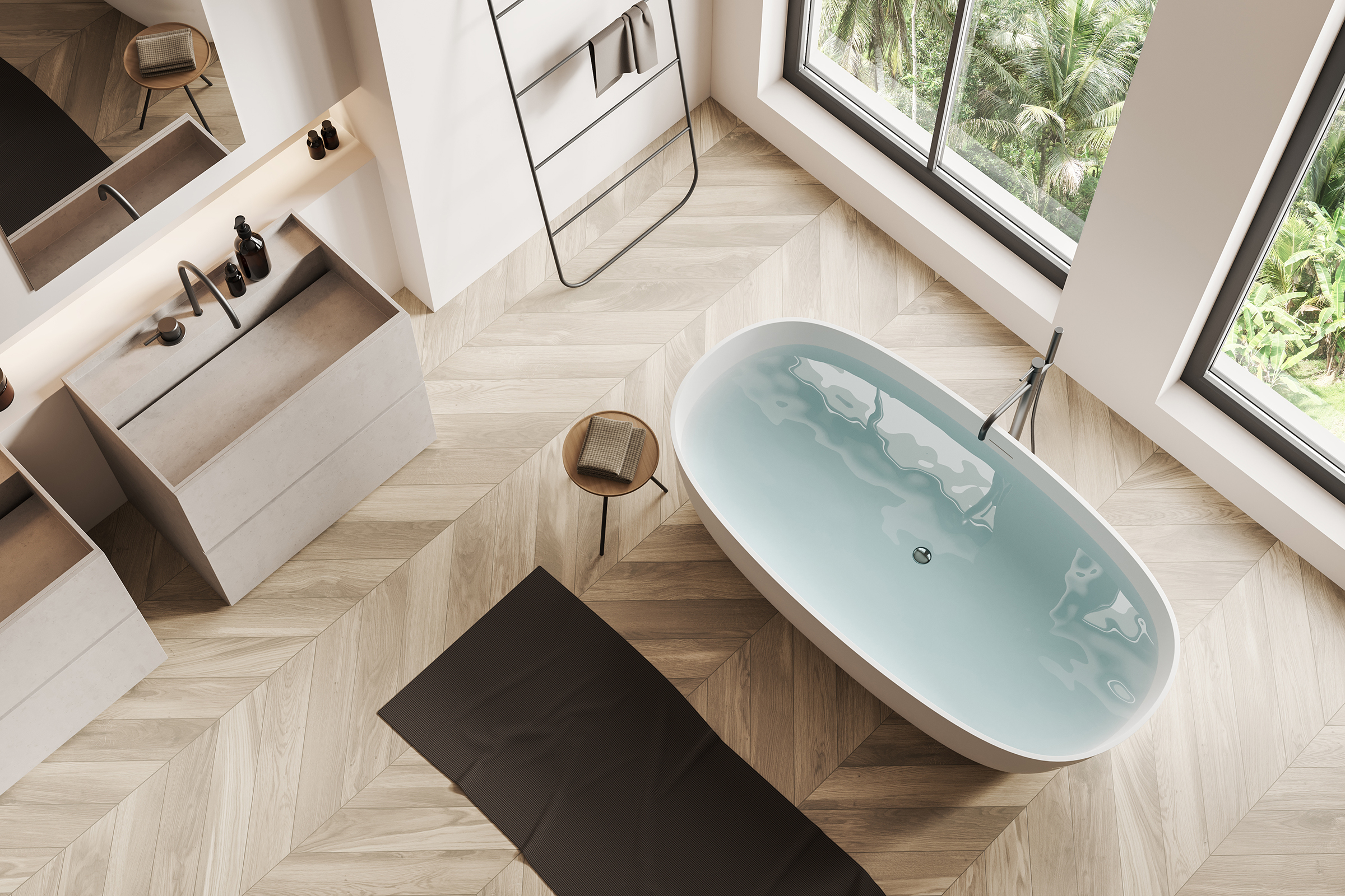 Top view of light bathroom interior with sink, bathtub near panoramic window